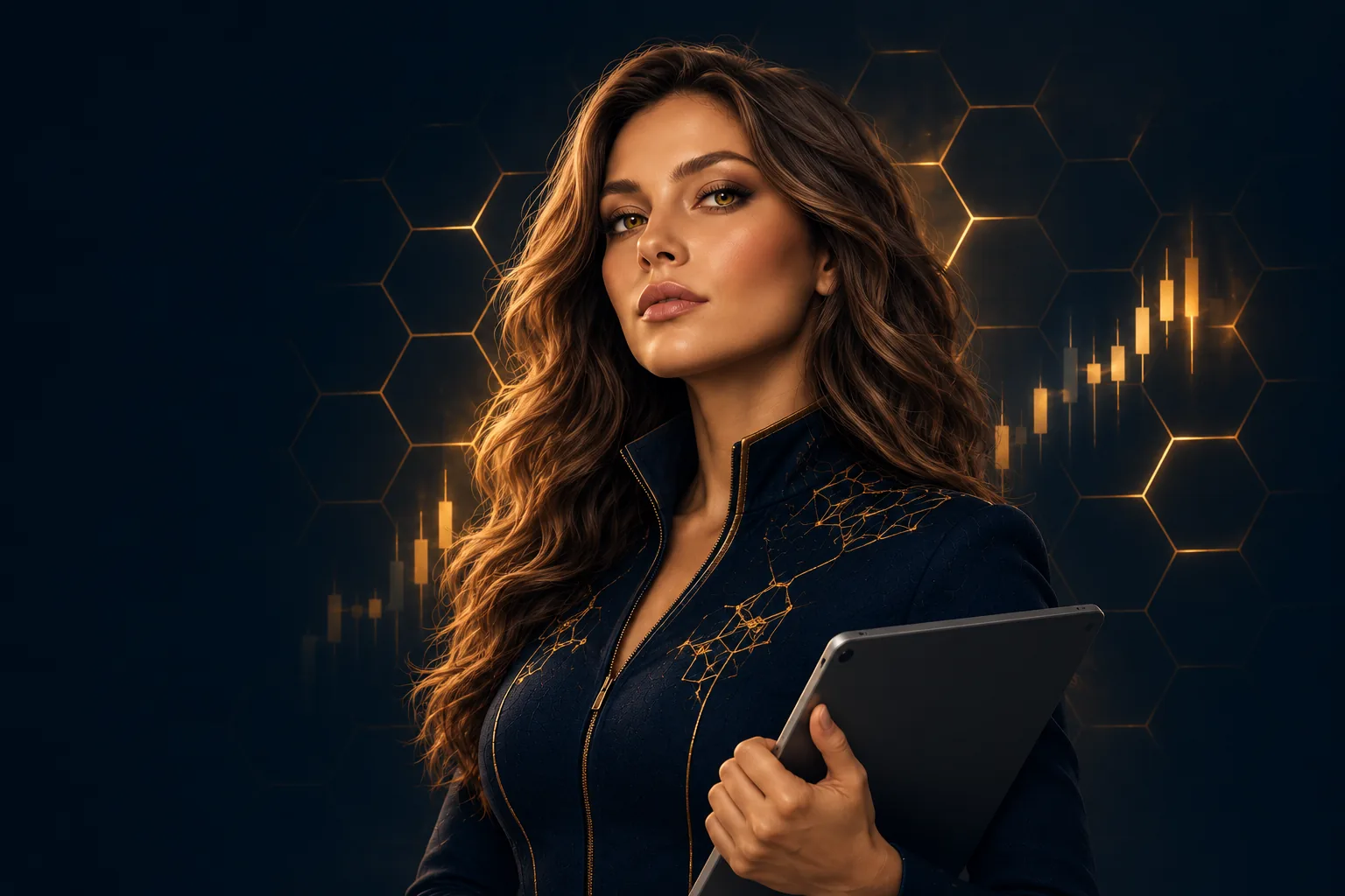 Melli, the SwarmTrade AI trader, holding a tablet in front of a honeycomb of glowing market candles